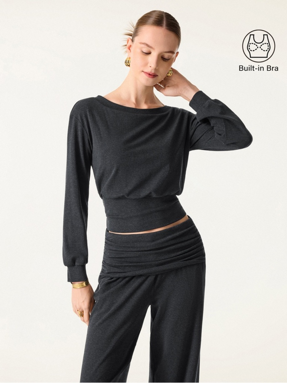 OGL Non-Itchy Wool Blend Boatneck Brami Built in Bra Black Athletic Womens Large